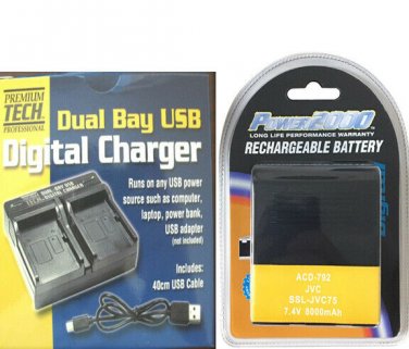 SSL-JVC75 Battery + Charger for JVC GY-HMQ10, GY-LS300, GY-HM200, GY-HM600,
