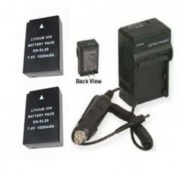 Two 2 EN-EL20 Batteries + Charger for Nikon 1 J1 1 J2 CoolPix A  1J1 1J2 Digital