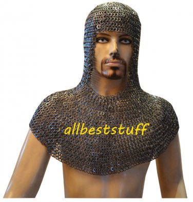 9 mm Riveted Chain Mail Coif Round Rivet with Flat Solid Ring Coif