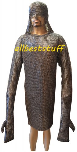 Chain Mail Shirt Flat Riveted with Flat Solid Ring Integrated Coif & Mittens 8mm