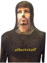Butted Chain Mail Hauberk & Coif Set Black Medium Large Long sleeve Chainmail