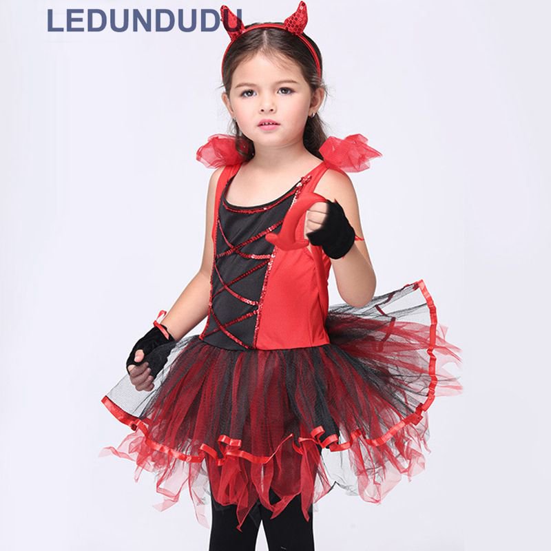 Kids Little Devil Halloween Cosplay Costume Girls Red Horror Phantom Cosplay Dress with Tail