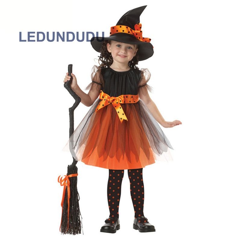 Children Halloween Party Clothes Magic Witch Dance Cosplay Costume Girls Pumpkin Dress with Hat