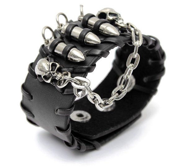 skull head black leather punk bracelet