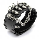 skull head black leather punk bracelet