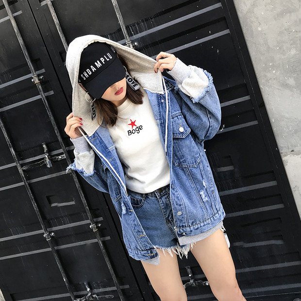 women denim patchwork Hoodies jacket