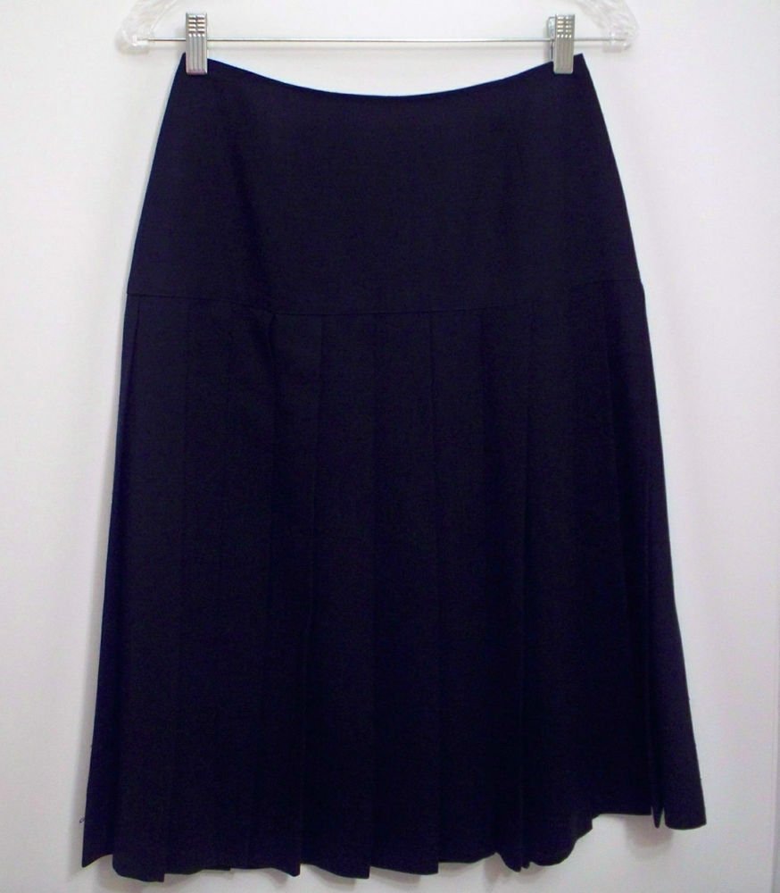 Anne Klein Skirt Sz 8 Black Navy Pleated Classic Career 100% Wool Modest