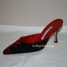 New Authentic MANOLO BLAHNIK Red Black Embroidered Suede Leather Stiletto Mule Shoe 35.5 5.5