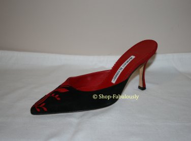 New Authentic MANOLO BLAHNIK Red Black Embroidered Suede Leather Stiletto Mule Shoe 35.5 5.5