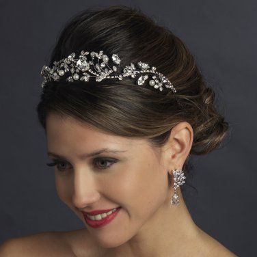 Antique Silver Diamond White Pearl & Marquise Crystal Side Accented Tiara Headband