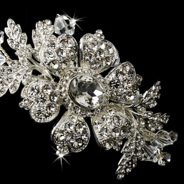 Charming Silver Side Accented Flower Headpiece w/ Clear Rhinestones & Austrian Crystals