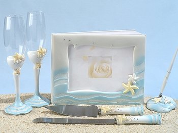 Starfish Beach Wedding Guest Book, Pen, Toasting Flutes & Cake Server set