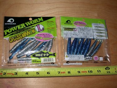 Ecogear Grass Minnow Power Worm (Iwashi)# 16,  3-1/4"   Blue/silver 3 Packs, New, Sealed
