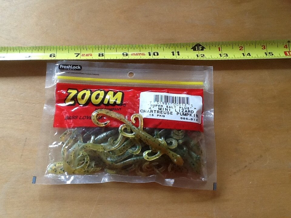 ZOOM 4 Mini Lizard, plastic bass bait, Chartreuse Pumpkinseed, 15