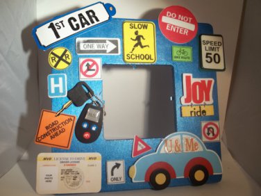 Blue "1st Car" - Cute Crafty Hand Painted Picture Frame for Kids (8 in x 8 in)