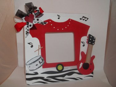 Red & White Rock Star with Guitar - Cute Crafty Hand Painted Picture Frame for Kids (8 in x 8 in)
