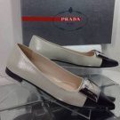 NEW Authentic PRADA Black & Silver Textured Leather Silver Buckle Flats (Size 38