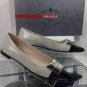NEW Authentic PRADA Black & Silver Textured Leather Silver Buckle Flats (Size 38