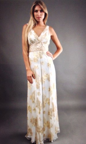 NWT Sue Wong Opulent Ivory/Metallic Gold Silk Jacquard Long Dress Sz8 Retail$529