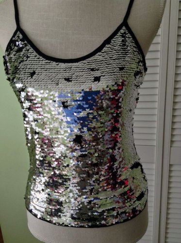 NEW Chris & Carol Reversible Sequin Top In Silver Or Reverse To Black (Size S)