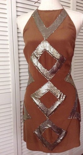 NEW SHERI BODELL SILK/ALUMINUM  HALTER DRESS IN TOBACCO (Size S)-MSRP $305.00!