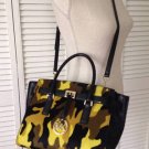 NEW Authentic MICHAEL KORS YELLOW CAMO/BLACK LEATHER LARGE SATCHEL- MSRP $548.00