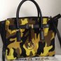 NEW Authentic MICHAEL KORS YELLOW CAMO/BLACK LEATHER LARGE SATCHEL- MSRP $548.00