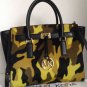 NEW Authentic MICHAEL KORS YELLOW CAMO/BLACK LEATHER LARGE SATCHEL- MSRP $548.00