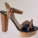 NEW Authentic PRADA Bicolor Leather Cork Platform Sandals - Black (Size 37.5) -