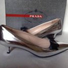 Authentic PRADA Metallic Patent Leather Bow Kitten Heels Silver/Black-Size 37.5