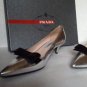 Authentic PRADA Metallic Patent Leather Bow Kitten Heels Silver/Black-Size 37.5