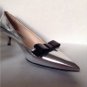 Authentic PRADA Metallic Patent Leather Bow Kitten Heels Silver/Black-Size 37.5