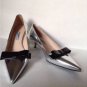 Authentic PRADA Metallic Patent Leather Bow Kitten Heels Silver/Black-Size 37.5