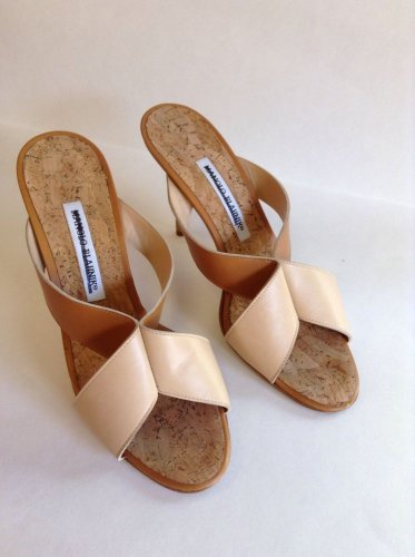 Authentic MANOLO BLAHNIK Dalema Cork and Leather X-Cross Slide (Size 38.5)