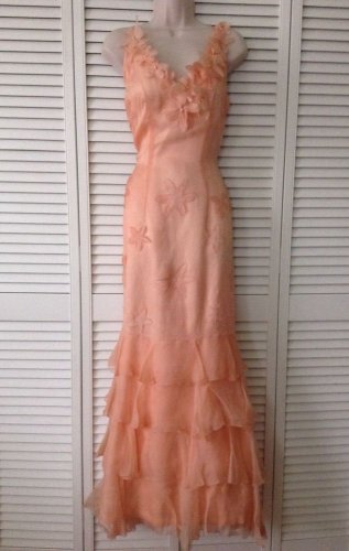 NEW Suchada Peach Flower Appliqu&Atilde;&copy; Silk Bottom Tiered Gown (Sz. 8) Retail $700.00