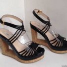 Authentic PRADA Black Patent Leather Cutout Cork Wedge Strappy Sandals (Size 39)