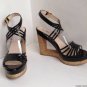 Authentic PRADA Black Patent Leather Cutout Cork Wedge Strappy Sandals (Size 39)