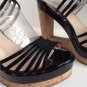 Authentic PRADA Black Patent Leather Cutout Cork Wedge Strappy Sandals (Size 39)