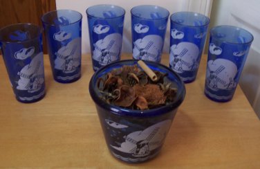 Hazel-Atlas Glass Ritz cobalt blue Windmill Ice Pail ca 1930 ice bucket and 6 glasses
