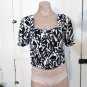 Monteau top cropped smocked Jr L black white linen blend puff sleeves New