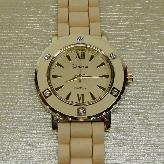 Geneva Ladies White Crystal Tan Gold Tone Watch