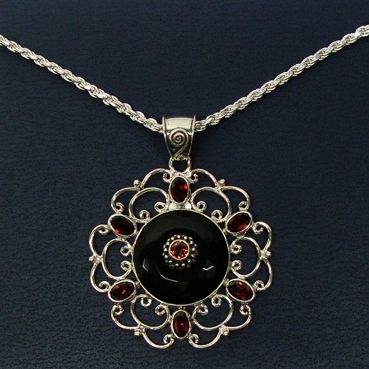 Black Onyx and Red Garnet, Sterling Silver Designer Pendant from the Beria Collection. W/Chain!