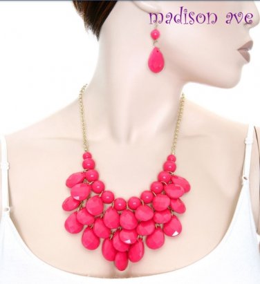 FUCHSIA GOLD FACETED TEARDROP COLORED STONE NECKLACE & EARRING