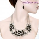 RHODIUM BLACK FACETED STONE NECKLACE & EARRING SET