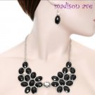 RHODIUM BLACK FACETED STONE NECKLACE & EARRING SET