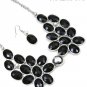 RHODIUM BLACK FACETED STONE NECKLACE & EARRING SET