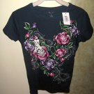 LADIES TATOO T-SHIRT, NAVY BLUE, ROSES, VINES AND SKULL, SIZE MEDIUM, NEW!