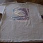 BOY'S RIP CURL T-SHIRT, BEIGE WITH PURPLE, BLUE & WHITE GRAPHICS, SIZE XL