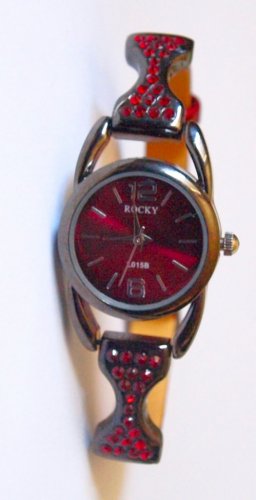 Unique Deep Red Leather Band Wristwatch