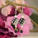 Cassidy- Black White Checkered, Ivory Sim Pearl, Jet Black Faceted Bead Earring Dangles